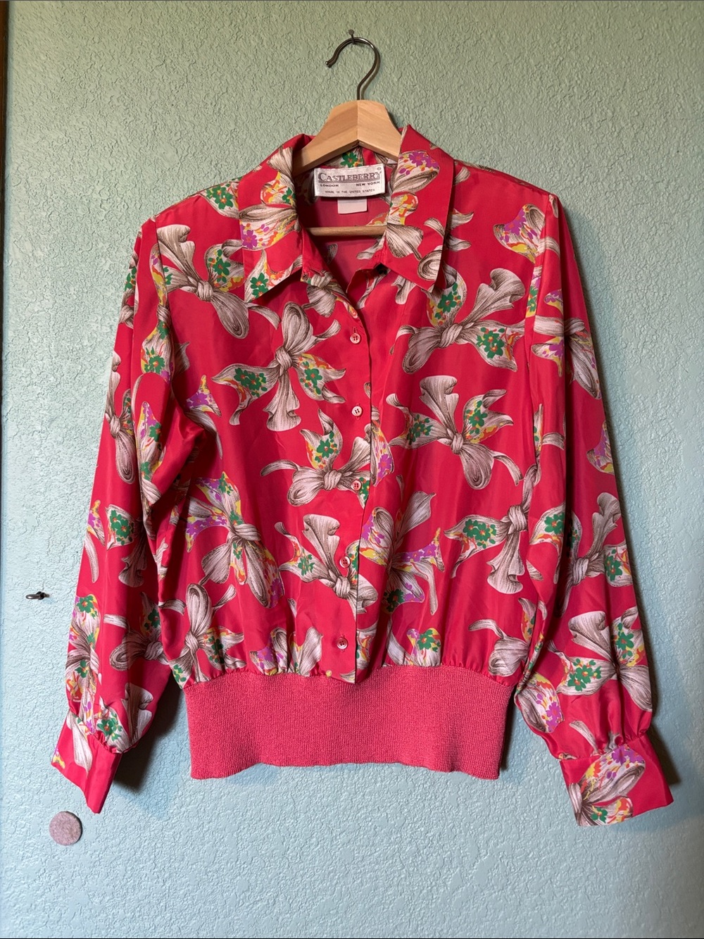 Vintage Castleberry Coral Floral Button-Front Women's Blouse Size Medium Good